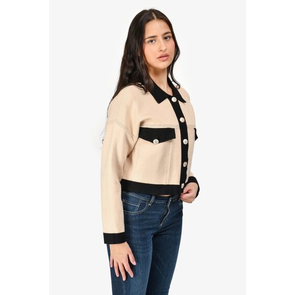 NWT Sandro Cher Cropped Cardigan Beige Black Topstitch Button Up Size 0 / XS - Picture 10 of 13